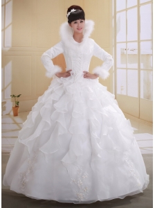 White Ball Gown High-neck Long Sleeves Wedding Dress With Imitated Feather Appliques Decorate