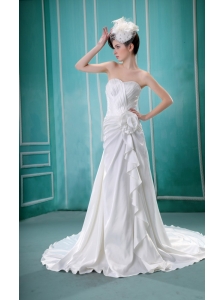 A-line Sweetheart Hand Made Flower Wedding Dress With Ruch