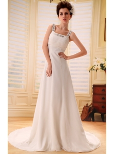 Beaded Decorate Shoulder Square Court Train Custom Made Chiffon tiered skirt Wedding Gowns