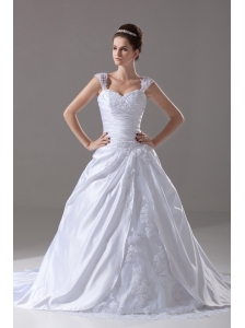 Lace and Appliques Straps A-Line / Princess Straps Court Train Taffeta Wedding Dress