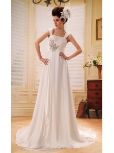 Wide Straps Neckline Wedding Dress With Brush Train Beaded and Ruch Decorate