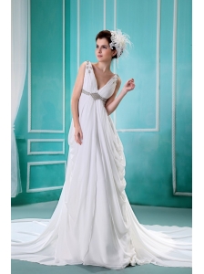 Apple Valley Beading and Ruch Decorate Bodice V-neck Chapel Train White Chiffon 2013 Wedding Dress