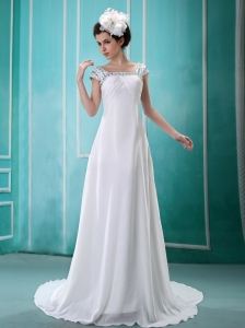Beaded And Sequins Decorate Shoulder Square Chiffon Short Sleeves Celebrity Wedding Dress For Custom Made