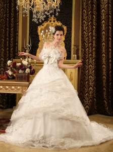 Beading and Bowknot and Lace Strapless Court Train Organza Wedding Dress