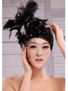 Black Best Sale Hat Flower Wedding Headpieces With Feather Beading