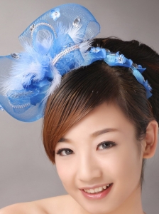 Blue Net and Feather With Beading Flower For Bridal