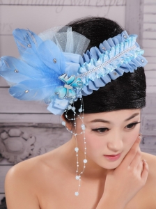 Classical Rhinestones and Feather Decorate On Tulle Baby Blue Headpieces For Party