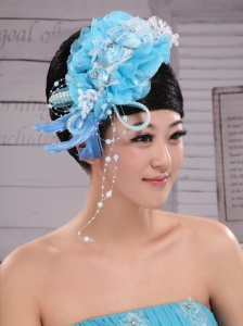 Feather Custom Made Aqua Blue Headpieces With Imitation Pearls and Flowers Decorate