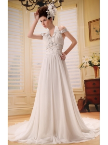 Halter and Off the Shoulder Beading Empire Chiffon White Court Train Wedding Dress