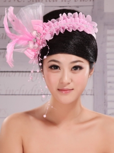 Lovely Rose Pink Imitation Pearls and Feather Decorate Tulle Headpieces For Cocktail