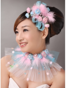 Pink Feather and Blue Net Flower Beading For Party
