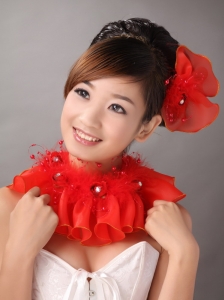 Red Organza Headpiece With Imitation Feather Rhinestones Decorate