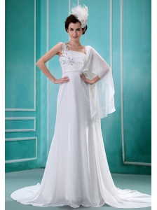 Watteau Train One Shoulder Chiffon Empire Appliques Decorate Shoulder Stylish 2013 Wedding  Dress