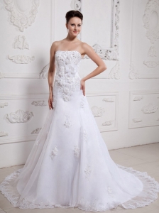 Stylish A-line 2013 Wedding Gowns With Lace Appliques Decorate Bust