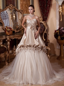 2013 Hand Made Flowers and Ruch Quinceanera Dress With Chapel Train For Custom Made
