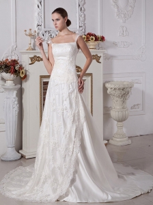 Cap Sleeves Square Wedding Dress With Court Train Satin and Lace