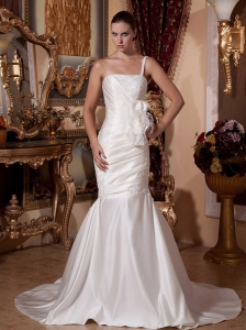 Mermaid One Shoulder Satin Wedding Dress Hot  With Lace and Feather Decorate
