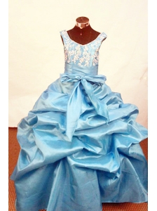 2013 Lovely Baby Blue Appliques Little Girl Pageant Dresses Scoop With Floor-Length