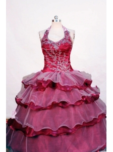 Beading and Layer Luxurious Fuchsia Ball Gown Halter Floor-length Little Girl Pageant Dresses