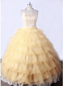 Gold and Halter For Little Girl Pageant Dresses With Ruffled Layers and Beading