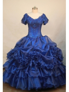 Luxurious Blue V-neck Short Sleeves Beaded Decorate Organza  Flower Girl Pageant Dress