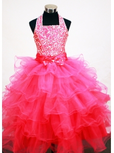 Popular Hot Pink Halter Neckline Beaded and Ruffled Layers Decorate Flower Girl Pageant Dress