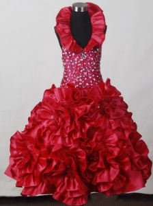 2013 Red Little Girl Pageant Dress  With Hand Made Flowers and Beading