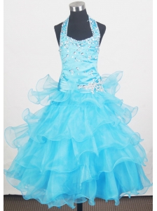 Beading Halter and Ruffled Layers Little Girl Pageant Dresses  With Aqua Blue