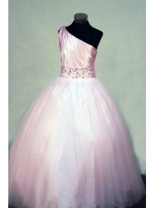 Beading Perfect Ball gown Tulle One Shoulder Floor-length Pink Little Girl Pageant Dresses