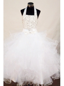 Beading Sweet Ball gown Halter Floor-length Organza White Little Girl Pageant Dresses