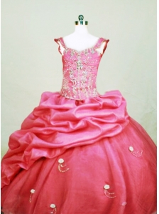 Beading Sweet Ball gown Square Organza Floor-length Hot Pink Little Girl Pageant Dresses