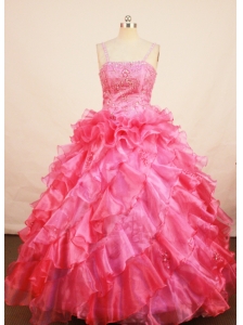 Coral Red Flower Girl Pageant Dress With Beaded and Ruffles Decorate Spaghetti Straps Neckline