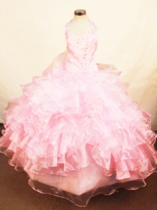 Customize Halter Top Baby Pink Organza Beading Little Girl Pageant Dresses