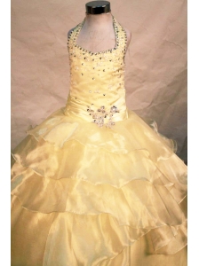 Exquisite Beading Ball gown Halter Organza Yellow Floor-length Little Girl Pageant Dresses