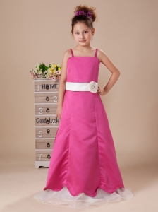 Hot Pink And White A-Line Straps Satin Hand Made Flowers Beautiful Flower Girl Dress