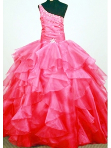 Lovely Beaded Decorate Bust One Shoulder Neck Ruffled Layers Coral Red Little Girl Pageant Dresses