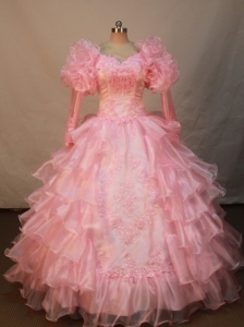Luxurious Watermelon Organza Flower Girl Pageant Dress With Long Sleeves Appliques and Ruffled Layers Decorate