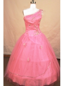 Romantic Ball gown One Shoulder Floor-length Tulle Pink Beading Little Girl Pageant Dresses
