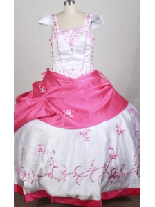 White and Hot Pink Cap Sleeves Embroidery Decorate Flower Girl Pageant Dress