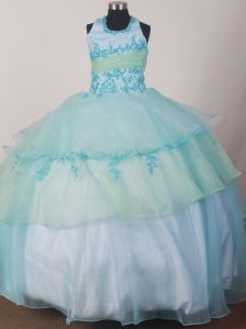 Appliques Decorate Apple Green and Light Blue Halter Flower Girl Pageant Dress