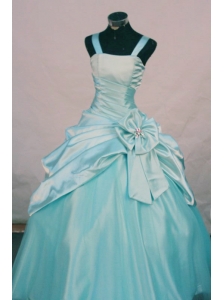 Custom Made Straps Aqua Blue Taffeta Little Girl Pageant Dresses With Hand Made Flowers