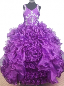 Luxurious Beading and Ruffles Ball Gown V-neck Little Girl Pageant Dress Floor-length