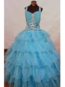 Romantic Straps Floor-length Aqua Blue Organza Beading Little Girl Pageant Dresses