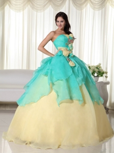 Apple Green and Yellow Ball Gown Strapless Floor-length Organza Beading Quinceanera Dress