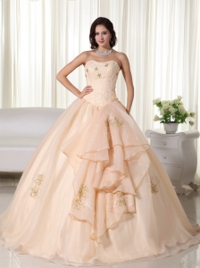 Champagne Ball Gown Strapless Floor-length Organza Embroidery Quinceanera Dress