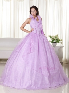 Lavender Ball Gown Halter Floor-length Chiffon Embroidery and Beading Quinceanera Dress