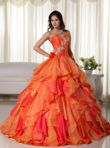 Orange Ball Gown Sweetheart Floor-length Organza Appliques Quinceanera Dress