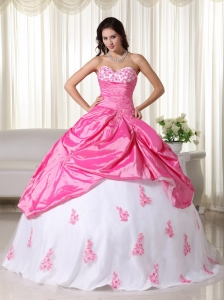 Pink And White Ball Gown Sweetheart Floor-length Taffeta Appliques Quinceanera Dress