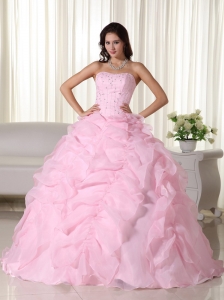 Pink Ball Gown Strapless Floor-length Organza Beading Quinceanera Dress