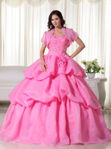 Rose Pink Ball Gown Strapless Floor-length Organza Hand Flowers Quinceanera Dress